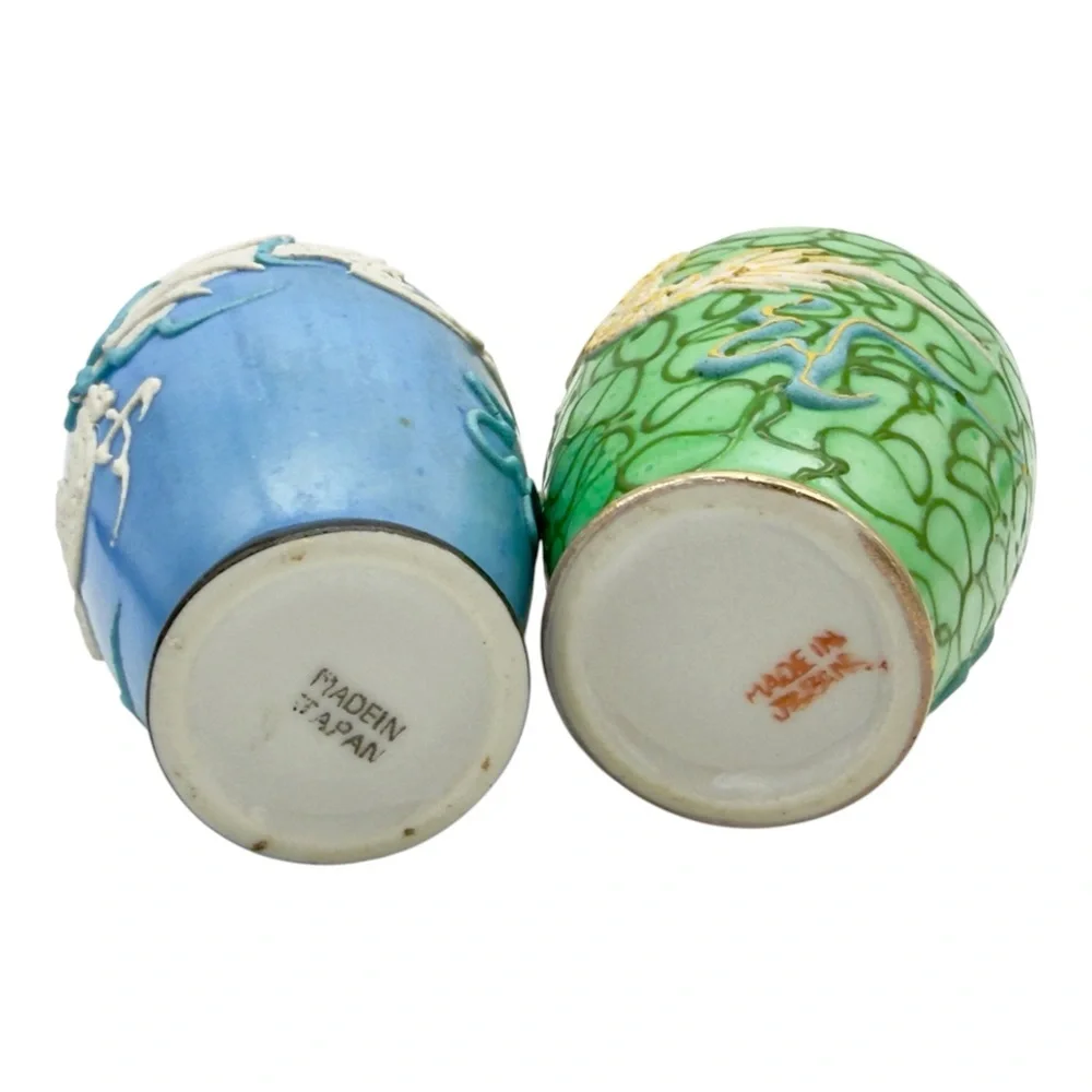 Vintage Moriage Dragonware Vases Pair Japan Green Spaghetti Slip Blue Set of 2 - Picture 6 of 10